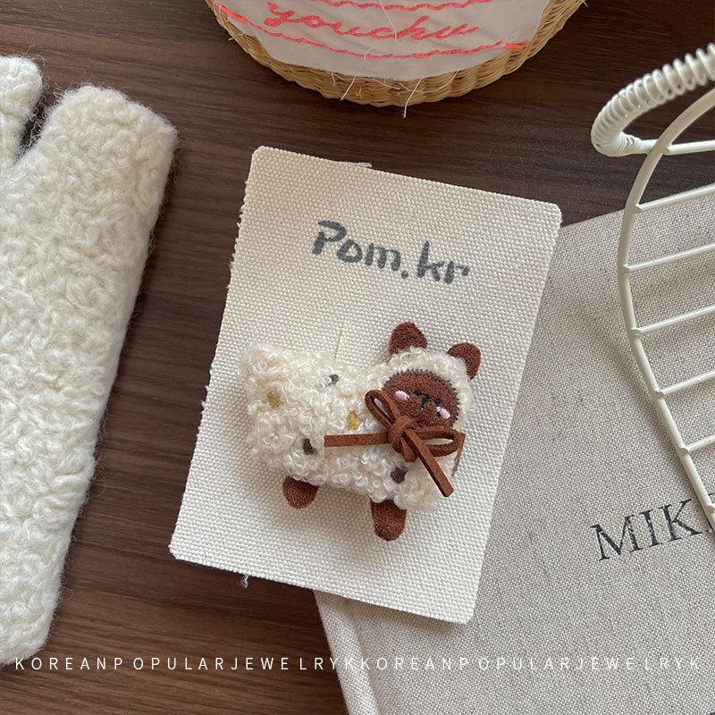 Koreańska Zimowa Kreskówkowa Spinka do Włosów z Jagnięcej Wełny i Elastyczna Gumka do Kucyka dla Dzieci