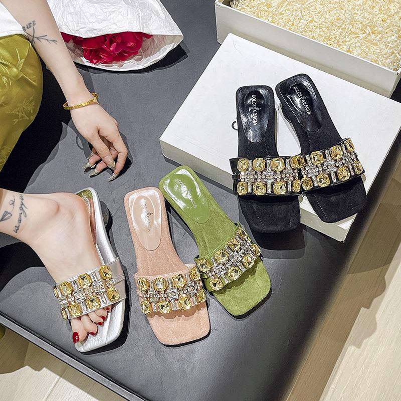 Summer New One-word with Rhinestone Temperament Versatile Fashion Comfortable Square Head Sandals Heels