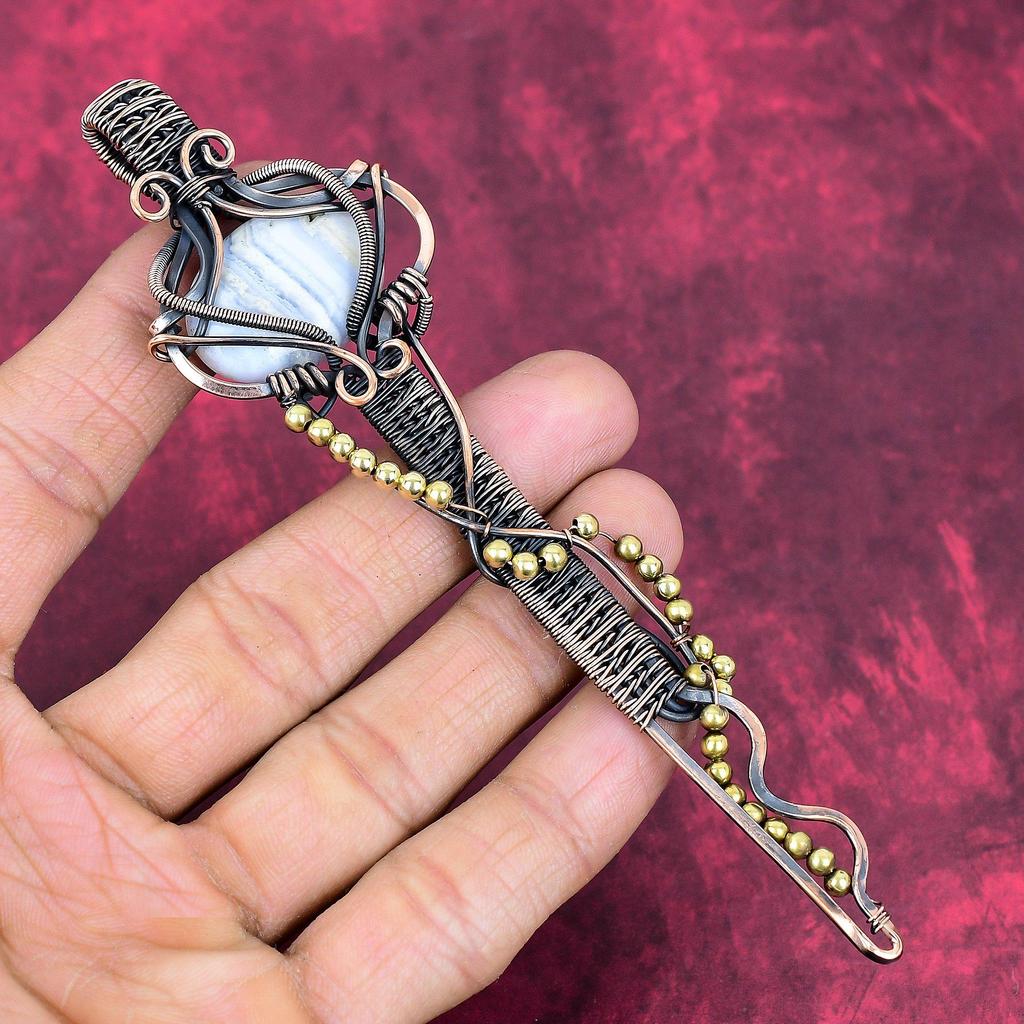 Blue Lace Agate Pendant Copper Wire Wrapped Pendant Key Pendant Antique Jewelry Handmade Pendant Gemstone Copper Jewelry Anniversary Gifts