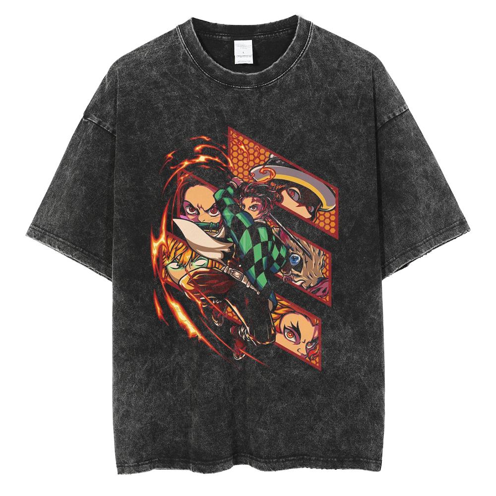 Japanese Anime Demon Slayer Graphic T-shirt Washed Cotton T-shirt, Anime Demon Killer Daily Street Outfit