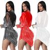 European and American Fashion Women's Solid Color Mesh Rhinestone Long Sleeve Mini Dress