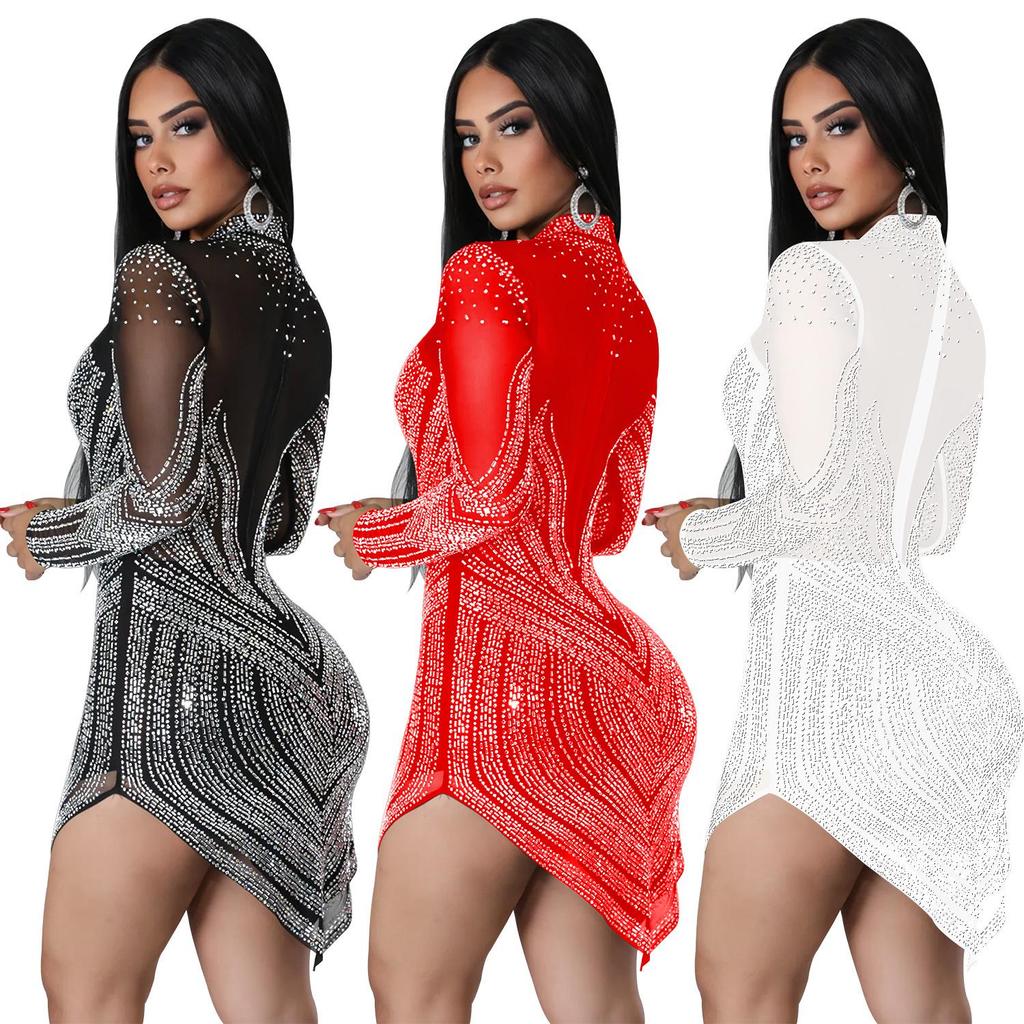 European and American Fashion Women's Solid Color Mesh Rhinestone Long Sleeve Mini Dress