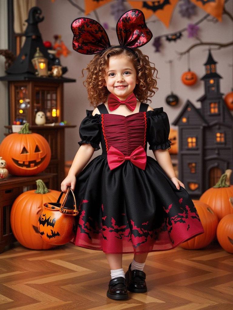 Black Mesh Print Halloween Princess Party Dress for Kids