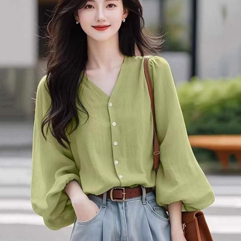 Women's Long Sleeve Blouse V Neck Balloon Sleeve Shirt Loose Temperament Commute Top For Spring
