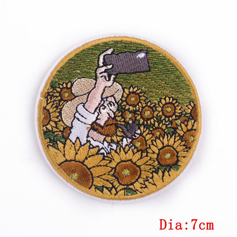 Van Gogh's Art Applique Iron On Patches On Clothes Cartoon Waves Starry Sky Embroidered Patches For Clothing Decorate Stickers
