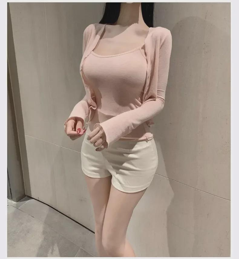 Jemně růžový podzimní dámský set tílka a kardiganu proti slunci Dongdaemun