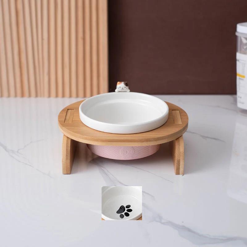 Cartoon Pets Double Bowl Dog Cat Food Water Feeder Stand Raised Ceramic Dish Bowl Wooden Table Pet Supplies Cat Bowls