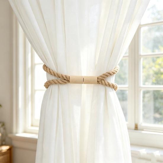 Magnetic Curtain Tieback, Cotton Linen Rope Curtain Holdback with Wood Buckle for Drapes, Decorative Tie Backs for Bedroom, Boho Room, Nursery,