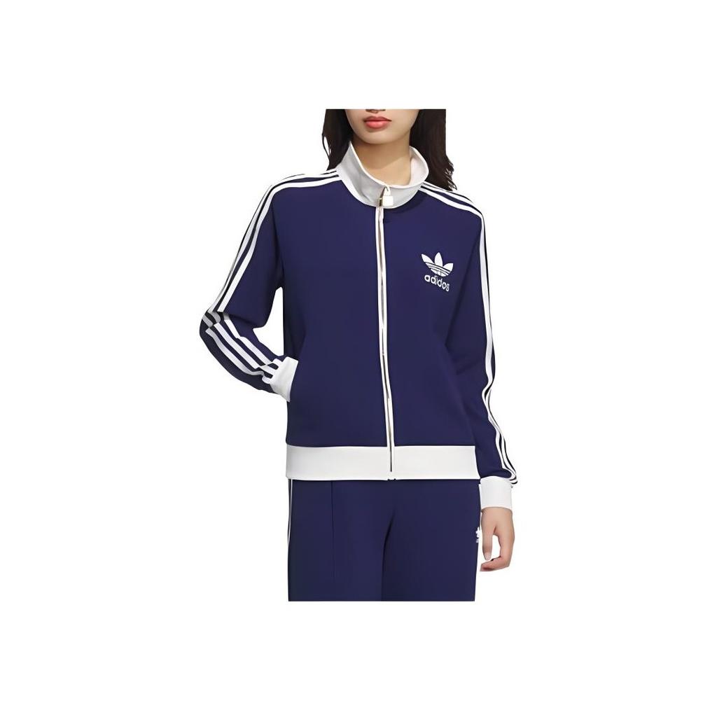 Adidas Originals Zip Collar Striped Jacket Women Jacket Deep-Blue Han-Jade-White JX2802