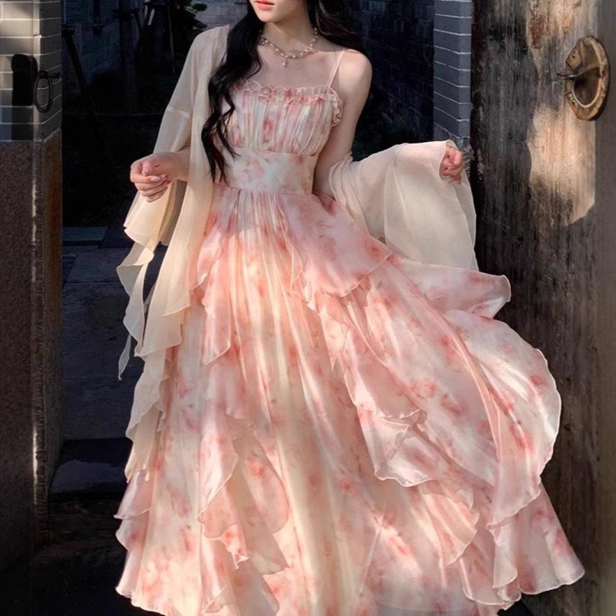2-teilige Kleider-Sets Damen Elegant Chiffon Sommer Lässig Dünne Trägerkleid + Fee Strickjacke Vintage Anzug Auch Party