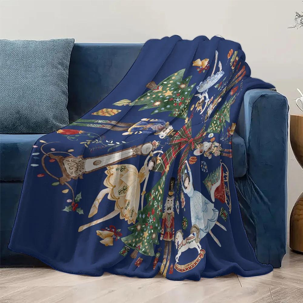 Navy Blue Christmas Fleece Blanket with Giant Plaid Bow, Nutcracker Ballet Dancer Pattern, Festive Throw for Holiday Decor