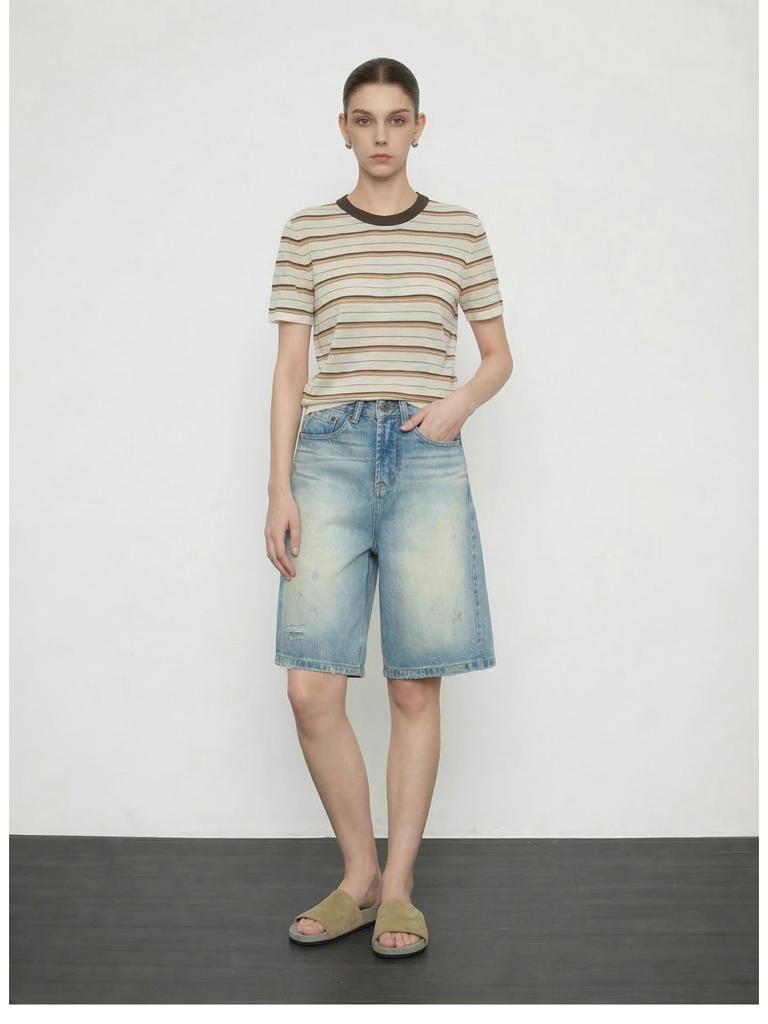 JOCORBEI Retro Ripped Cotton Distressed Straight Denim Shorts (Spring 2026)