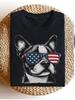 Boston Terrier Patriotic Fashion Glasses American Flag Graphic TShirti0Women's Round Neck Top, Casual and Versatile.