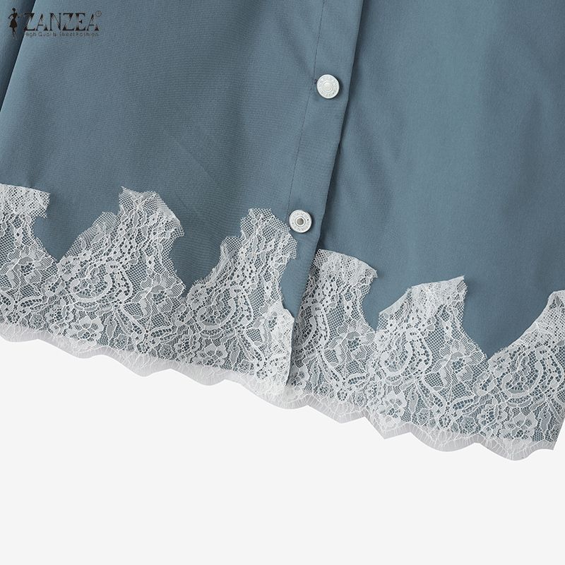 ZANZEA Women Casual Round Neck Loose Lace Splice Loose Blouse