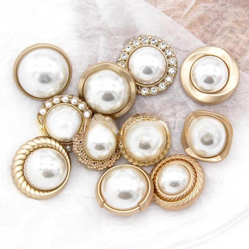 10pcs Pearl Gold Metal Women Coat Buttons For Clothing Vintage Sweater Decorative Buttons Quality Sewing Accessories