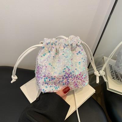 Sequined Drawstring Bucket Tote Bag Women's New Fashion Versatile Shoulder Bag Trendy Messenger Bag