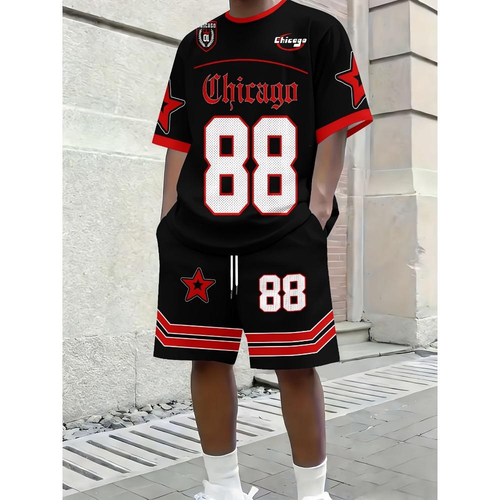 Summer men's short-sleeved short pants set with digital prints breathable and