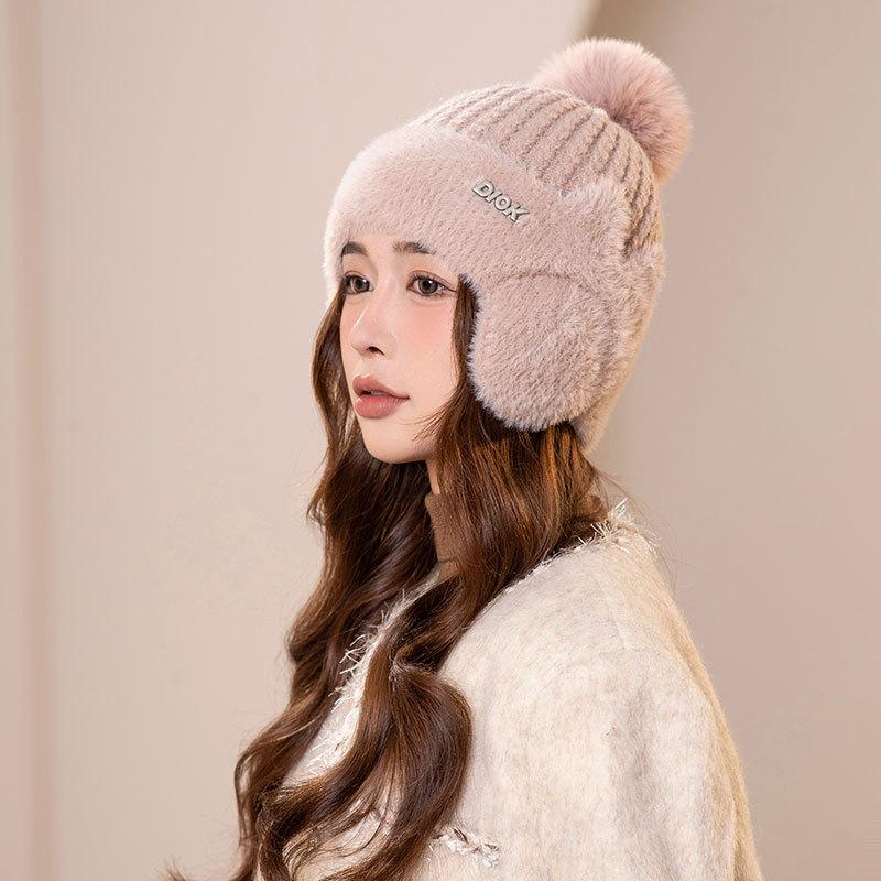 Fleece warm knitted ear protection hat women's winter cold-proof pullover wool hat outdoor cycling sports plush hat