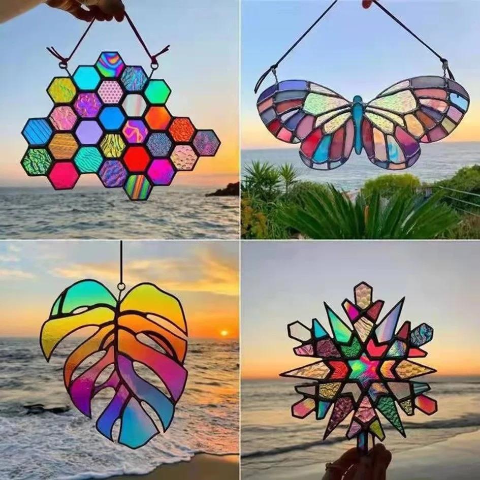 Farget glass vindusoppheng bikube flerfarget sommerfugl bie farget glasspaneler farget glass kolibri vindusoppheng