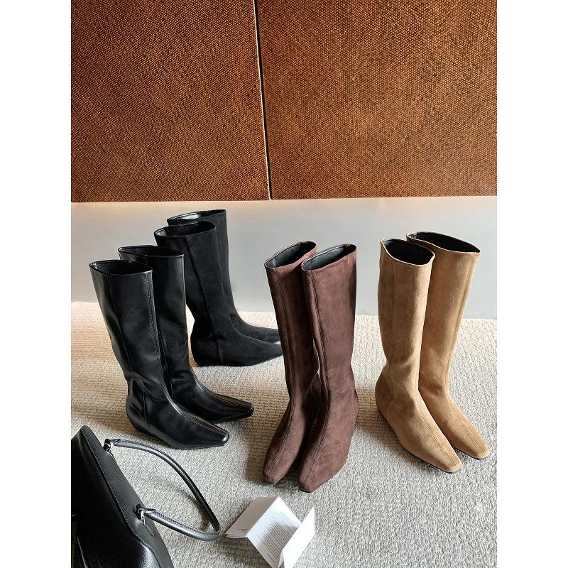 Cowhide version~ Retro inner height-increasing knight boots women's head slope heel western boots stacking boots versatile medium boots