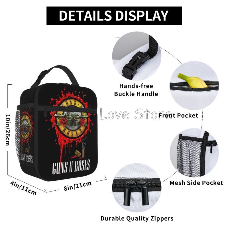 Heavy Metal Guns N Roses Thermal Lunch Bag Portable Insulated Lunch Bento Box for Women Men Work Travel Picnic Food Storage Bags