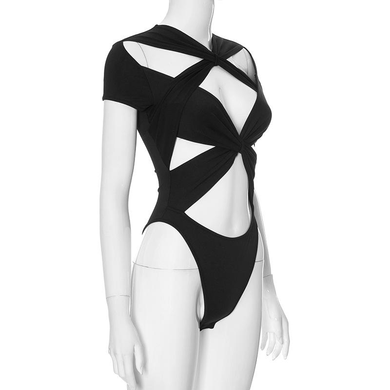 European and American Summer Hot Girl Sexy Cross Folding Solid Color Crop Top Jumpsuit