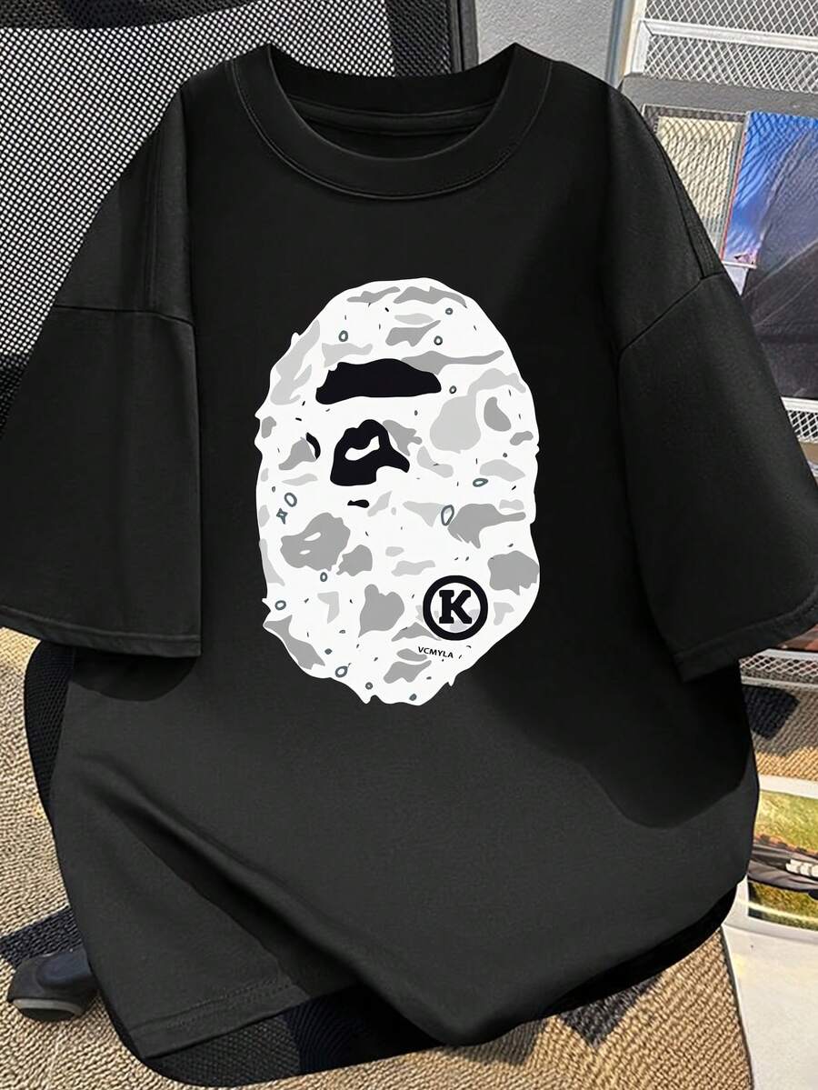 

Unisex Urban Streetwear T-Shirt - White Tee With Black Ape Head Camo Graphic M