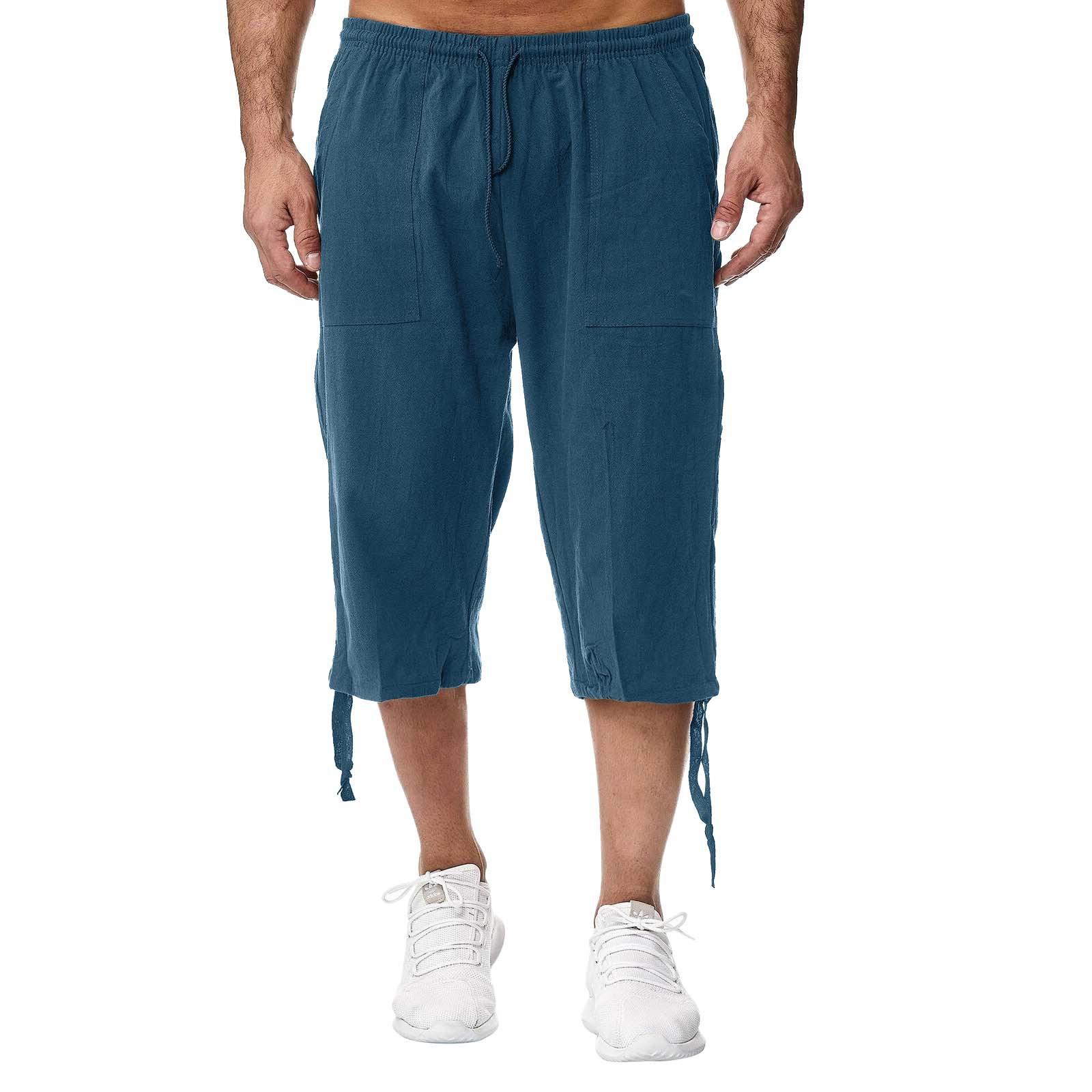 

Чоловічі повсякденні спортивні штани з бавовни та льону. Літні укорочені повсякденні штани з льону. Штани з бавовни та льону. Чоловічі XL синій