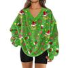 Women's Fashionable V-neck Christmas Printed Long Sleeved Casual Pullover Plush Warm Pocket Sweatshirt Top
