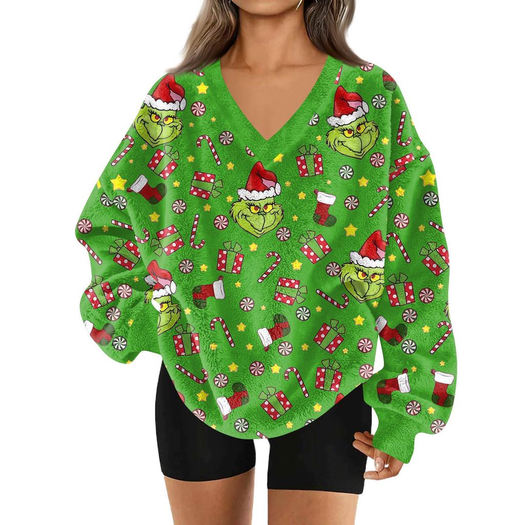 Women's Fashionable V-neck Christmas Printed Long Sleeved Casual Pullover Plush Warm Pocket Sweatshirt Top