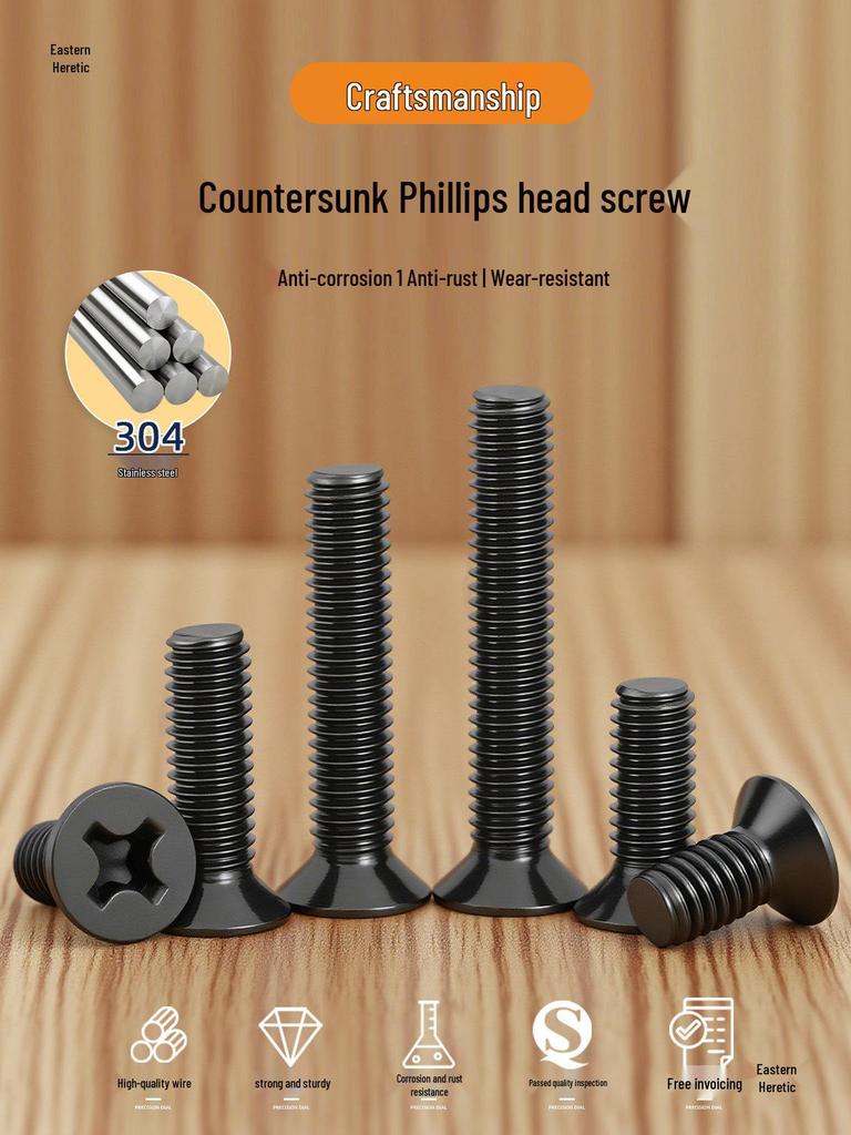 Black Phillips Flat Head Machine Screws (M3-M8) - 304 Stainless Steel Countersunk