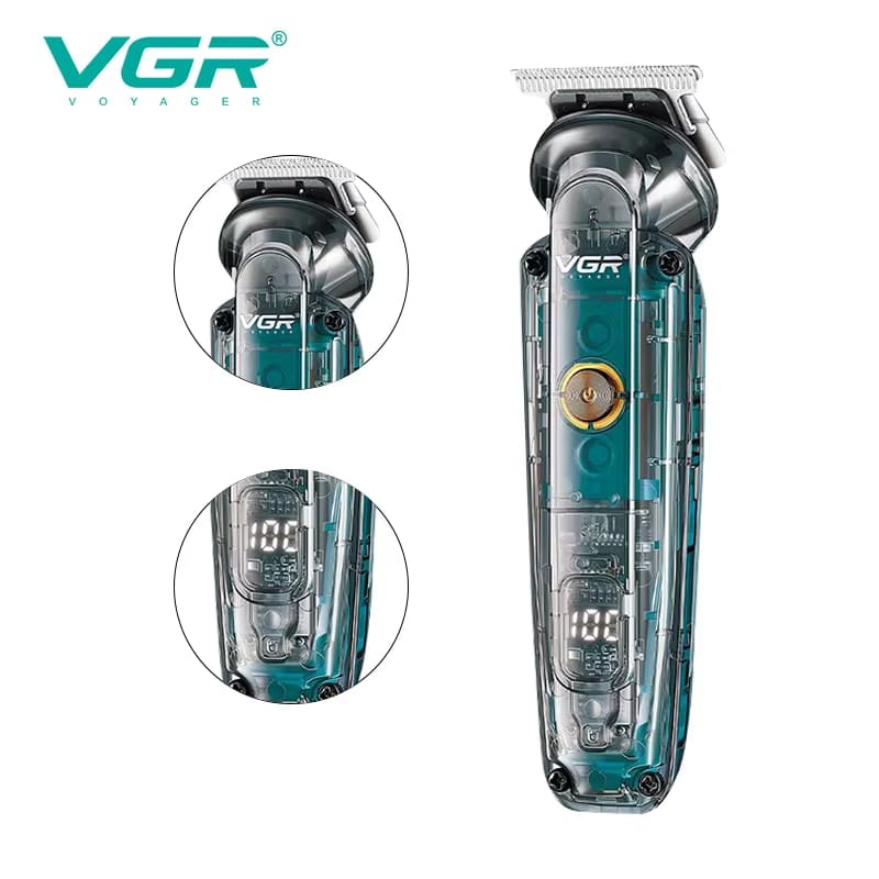 VGR Wireless Hair Clipper Rechargeable Digital Display Hair Clipper Hair Salon Household Waterproof Electric Hair Clipper Transparent Body