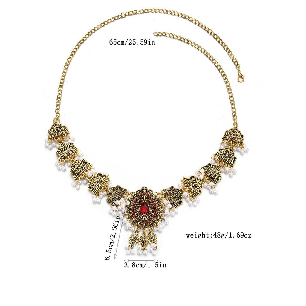 Bohemian Exotic Rhinestone Tassel Necklace & Earrings Set In Antiqued Alloy