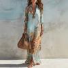 Summer Boho Floral Print Dress Women Casual Lapel 3/4 Sleeve Button Up Loose Long Maxi Dress Beach Vacation Flowy Shirt Sundress