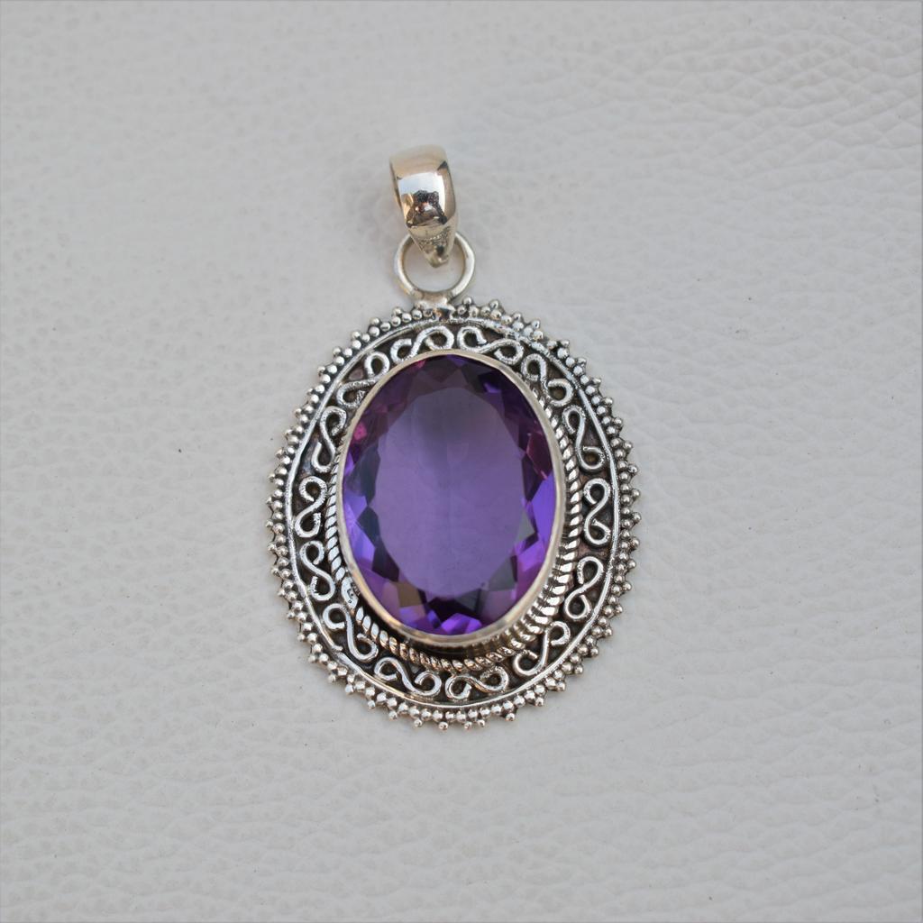 Handmade Oval Amethyst Pendant, 925 Sterling Silver, Boho Anniversary Gift