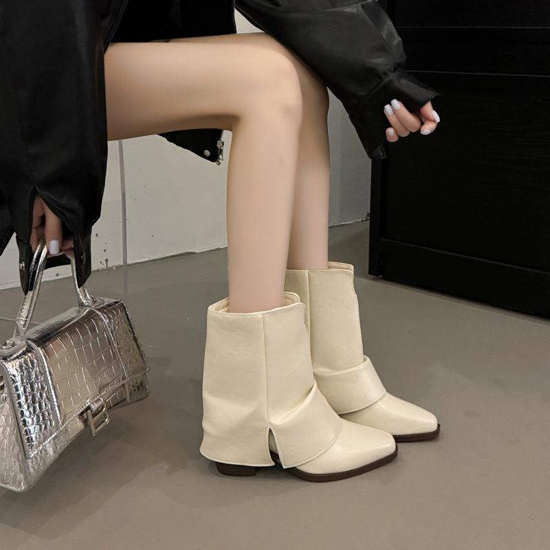 French Pointed White Simple Thick Heel Small Square Head Women's 2025 Autumn New Short Boots Retro Thick Heel Martin Boots