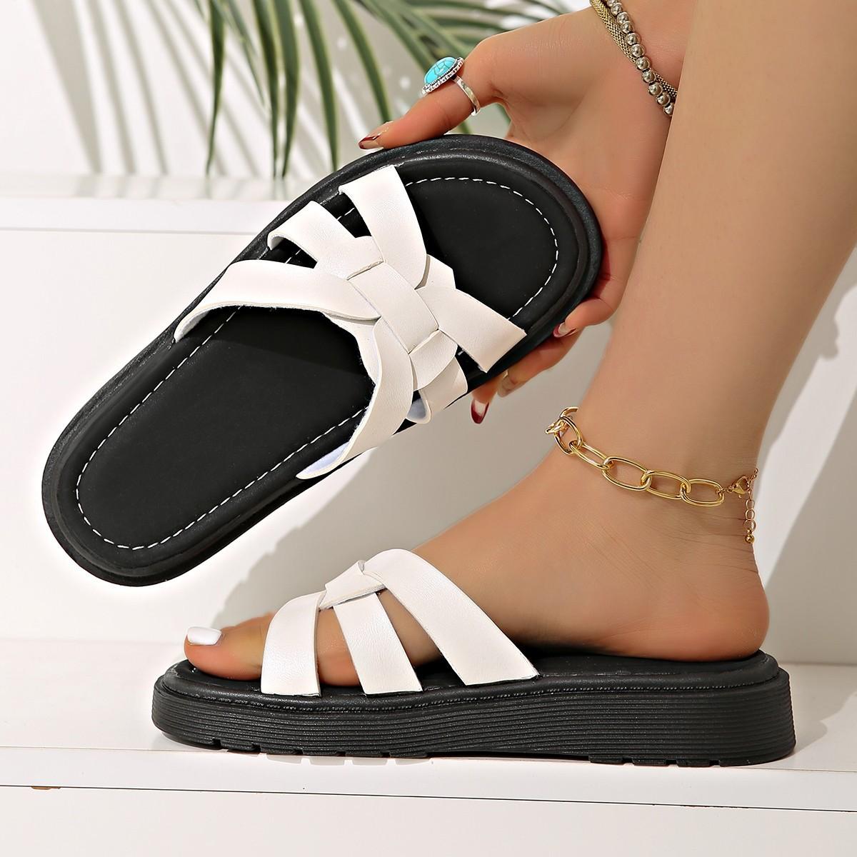 

Summer new platform slippers women s outer wear round head open toe cross one-word drag woven belt sandals 36