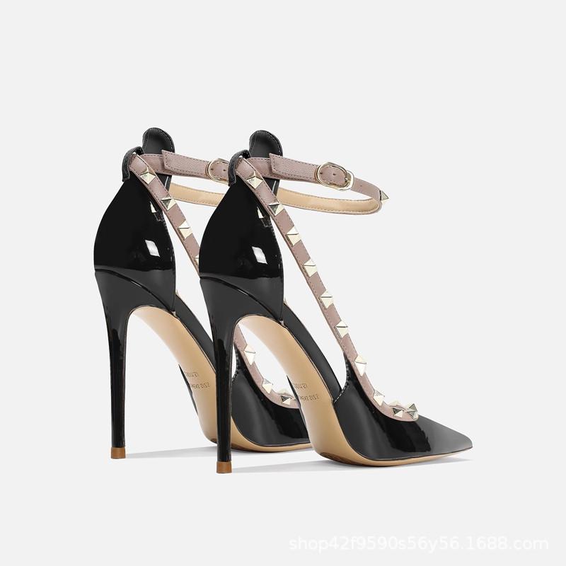 Large Size 45rivet High Heels with Thin Heels and Pointed Patent Leather New Style Toe Cap Temperament Straight Strap Sandals