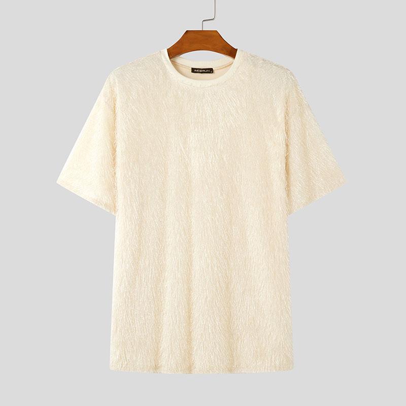 

INCERUN Летняя мужская футболка оверсайз с круглым вырезом, коротким рукавом и кисточками, уличная одежда, повседневные футболки, топы 3XL бежевый