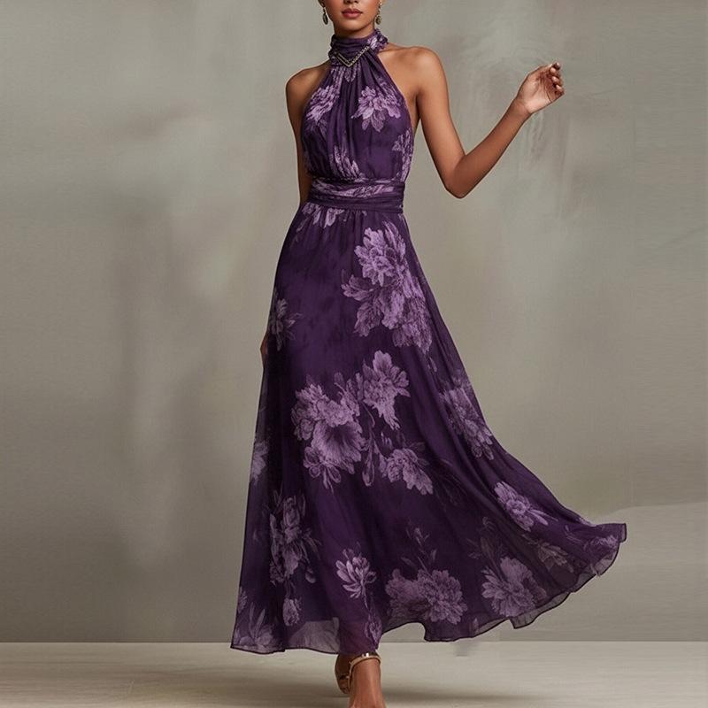 Retro Fashion Maxi Dress Summer Sleeveless Simple Print Ruffled Dresses Streetwear for Women's Clothing Holiday Party