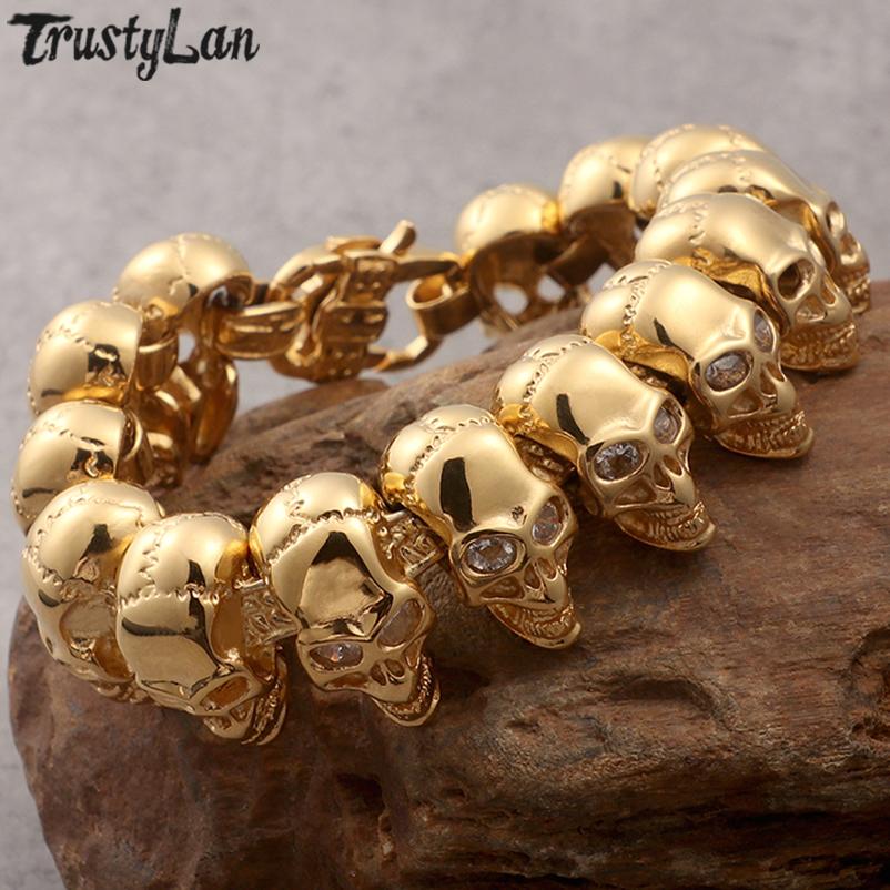 

Gold Color Stainless Steel 8.6 Large Skull Hand Chain Men s Bracelets for Man Gothic Punk Rock Skeleton Biker Jewelry Polished 22cm