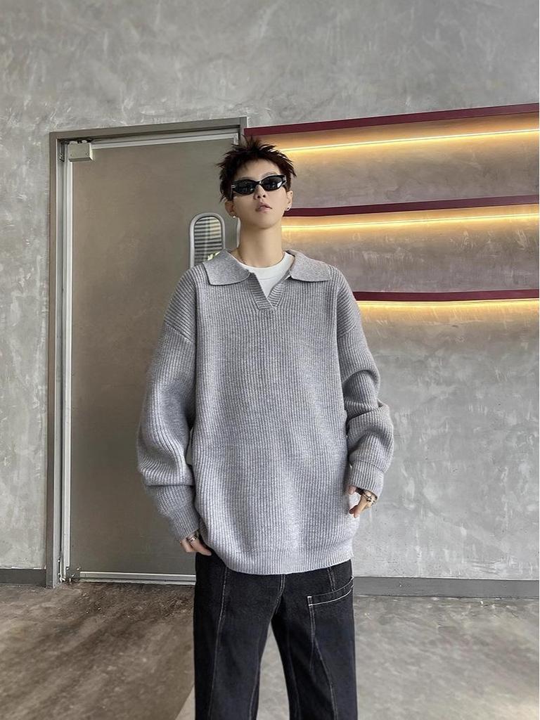 Men's Winter American Style Black Knit Polo Sweater