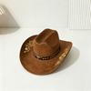 Cappello western da cowboy in camoscio ricamato alla moda, tesa larga, cintura con testa di toro decorativa, cappello da esterno, cilindro da donna