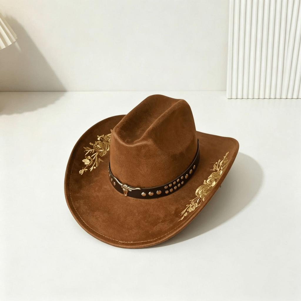 Cappello western da cowboy in camoscio ricamato alla moda, tesa larga, cintura con testa di toro decorativa, cappello da esterno, cilindro da donna