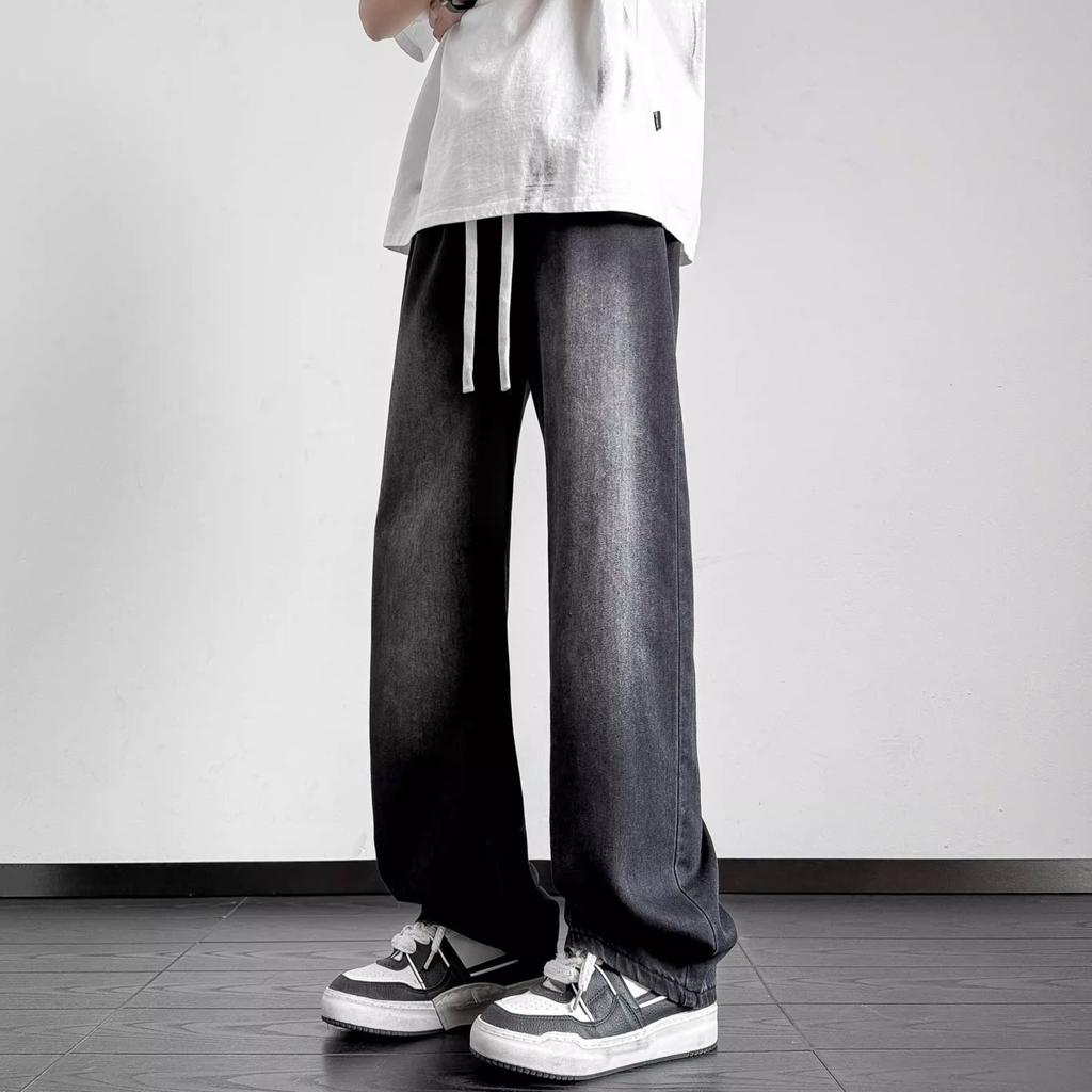 Ice Silk Jeans Men's Summer Loose Straight Trousers New Student Drape Wide-leg Casual Trousers Gray