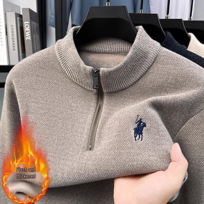 Men's Trendy Fleece Zipper Sweater - Loose, Warm, Plus Velvet, Half-High Collar Knitwear for Winter