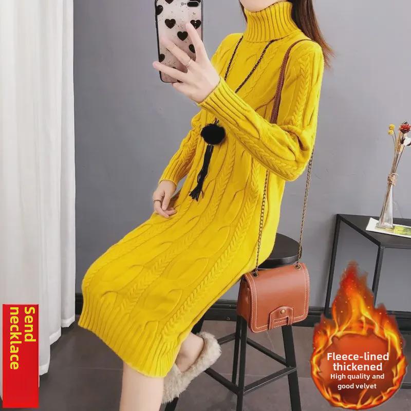 Women's Plush/Non-Plush Turtleneck Over-the-Knee Knitted Sweater Dress for Autumn & Winter