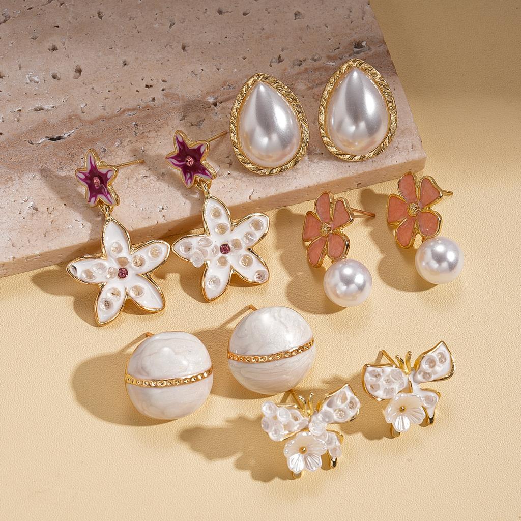 Ten-piece Set of Diamond-set Imitation Pearl Oil Drop Flower Water Drop Silver Needle Earrings Elegant Retro Earrings