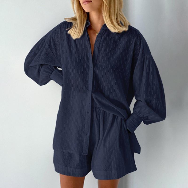Summer Women's Casual Jacquard Shorts Suit Women Loose Long Sleeve Shirt Two Piece Set Lady Shorts 2 Piece Set