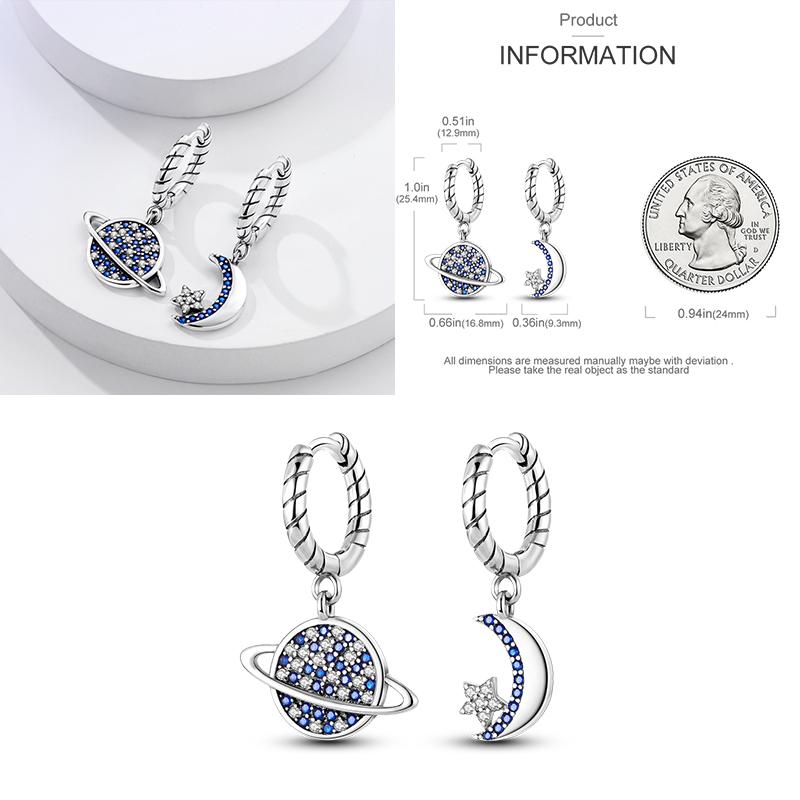 Sparkling Blue Zircon Hoop Earrings Pave U Shape Star Devil Eyes Circle S925 Drop Earring Fit Original Party Jewelry